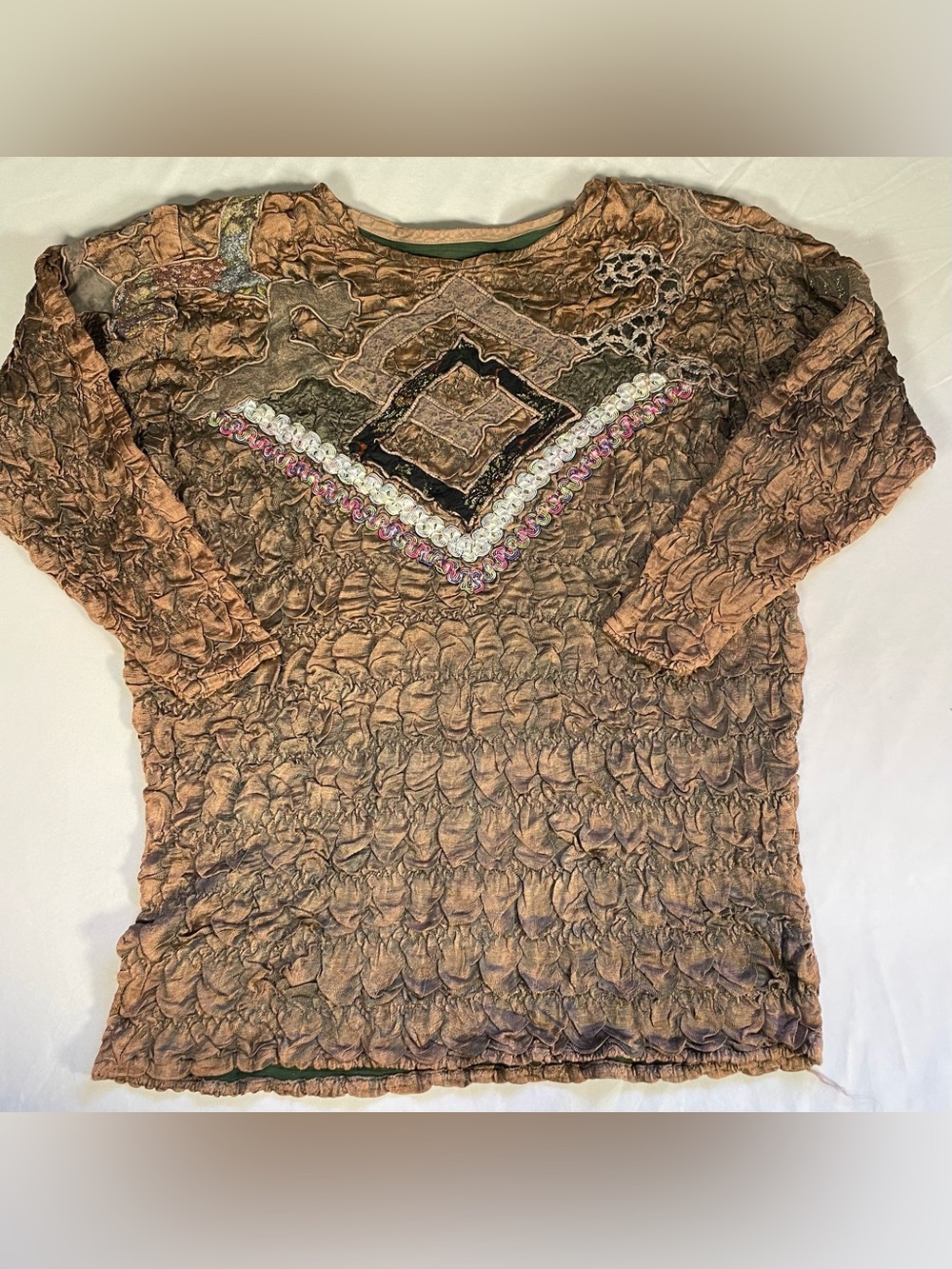 Vintage 80s 90s Mix Media Crinkle Blouse Brown Whimsigoth Fairycore Ren Faire